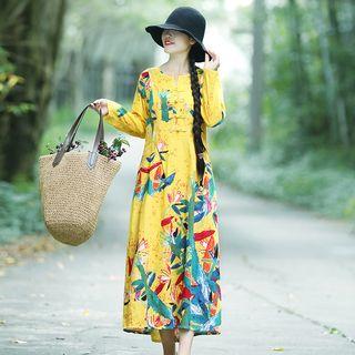 Long-sleeve Frog-buttoned Midi Floral Dress