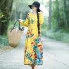 Long-sleeve Frog-buttoned Midi Floral Dress