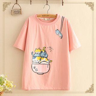Cat Print Short-sleeve Top