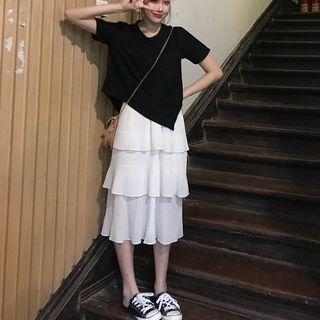Irregular Hem Short-sleeve Top/ Sleeveless Tiered Midi Dress