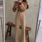 Collared Furry Jacket / High-waist Dress Pants / Buttoned Knit Top