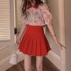 Mini Pleated Skirt / Short-sleeve Flower Print Shirt