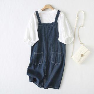 Set: Balloon-sleeve Top + Denim Sheath Overall Dress