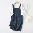 Set: Balloon-sleeve Top + Denim Sheath Overall Dress