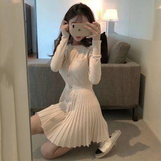 Long-sleeve Button-front Mini A-line Pleated Knit Dress