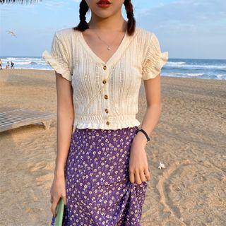Short-sleeve Button Perforated Knit Top