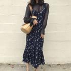 Mesh Long-sleeve Top / Floral Print Strappy Midi Dress