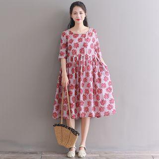 Set: Flower Print Short-sleeve A-line Dress + Slipdress