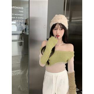 Off-shoulder Mesh Panel Sweater Green - One Size
