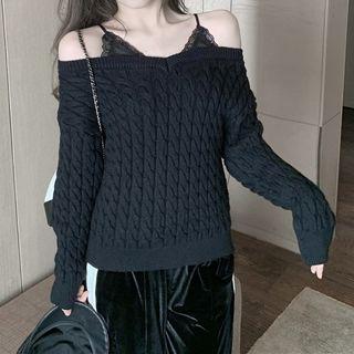 Cold-shoulder Cable-knit Sweater Black - One Size