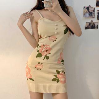 Spaghetti Strap Flower Print Knit Mini Sheath Dress Yellow & Pink - One Size