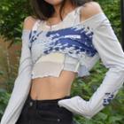 Set: Long-sleeve Off-shoulder Print Crop Top + Cropped Tank Top
