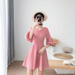 Striped Bell-sleeve Gathered-waist A-line Dress