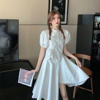 Puff-sleeve Ruffle Trim Asymmetrical Midi A-line Dress
