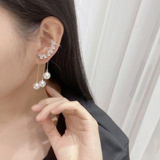 Leaf Rhinestone Faux Pearl Fringed Earring 1 Pair - Gold & White - One Size