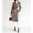 Leather-trim Double-breasted Plaid Coat With Belt