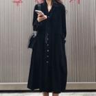 Long-sleeve Velvet Midi A-line Dress Black - One Size
