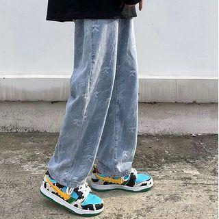 Lettering Print Washed Baggy Jeans