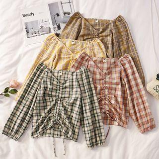 Long-sleeve Plaid Drawstring Top
