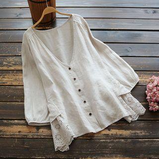 V-neck Eyelet Long-sleeve Linen Top