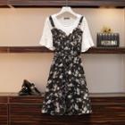 Mock Two Piece Floral Short-sleeve A-line Dress