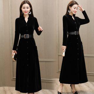Belted Velvet Maxi Coat Dress