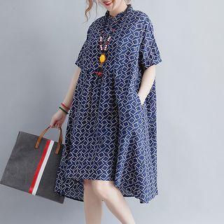 Patterned Band Collar Short Sleeve Dress