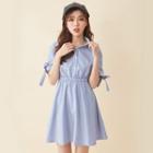 Pinstriped Short-sleeve A-line Shirt Dress Blue - One Size