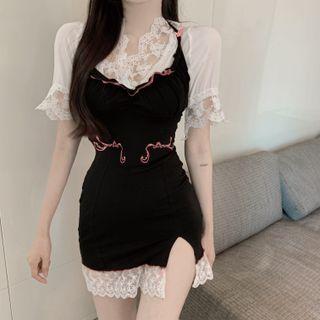 Lace-trim V-neck Crop Top / Sleeveless Lace-trim Mini Dress