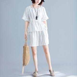 Set: Elbow-sleeve Striped Tunic Top + Wide-leg Shorts