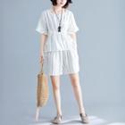 Set: Elbow-sleeve Striped Tunic Top + Wide-leg Shorts