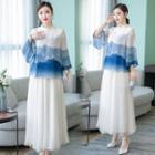 Set: Traditional Chinese 3/4-sleeve Chiffon Top + A-line Maxi Skirt