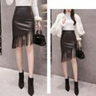 Faux Leather Fringed Fitted Skirt