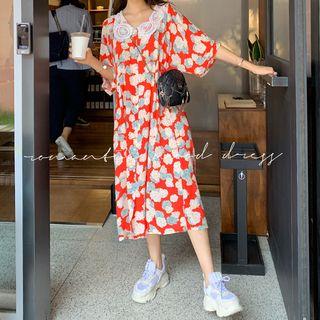 Lace-collar Dolman-sleeve Floral Long Shirtdress