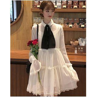 Tie Neck Long-sleeve A-line Dress As Shown In Figure - One Size