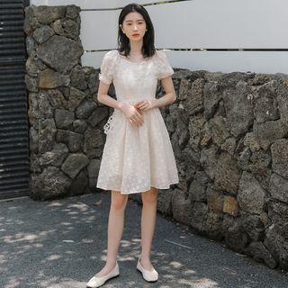 Puff-sleeve Textured A-line Mini Dress