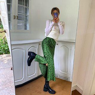 Slit-side Leopard Maxi Satin Skirt