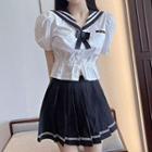 Set: Puff-sleeve Sailor Collar Shirt + A-line Skirt + Bow Tie