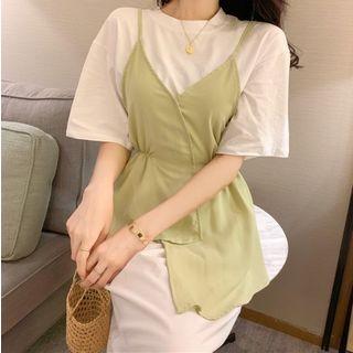 Set: Irregular Hem Camisole Top + Plain Elbow-sleeve Midi T-shirt Dress