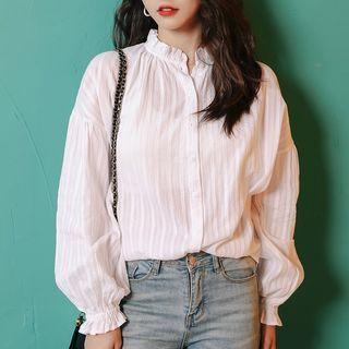 Lantern-sleeve Stand-collar Plain Shirt