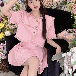 Tweed Button Jacket / Pleated A-line Skirt