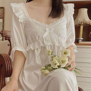 Bell-sleeve Ruffled Eyelet Sleep Dress