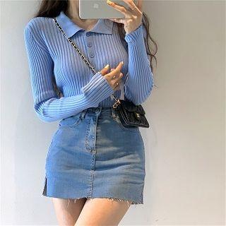 Polo-neck Rib Knit Top