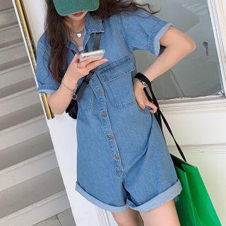 Short-sleeve Collared Denim Romper