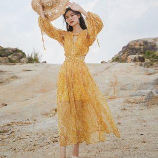 Long-sleeve Sheer Cutout Midi Dress