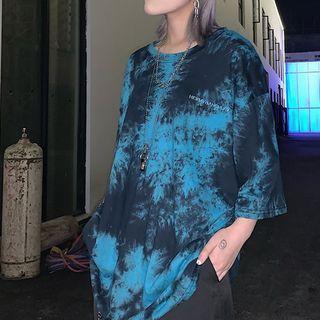 Letter Embroidered Dye Print 3/4-sleeve T-shirt