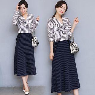Set: Bow Accent Striped Elbow Sleeve Blouse + Midi Flared Skirt