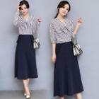 Set: Bow Accent Striped Elbow Sleeve Blouse + Midi Flared Skirt