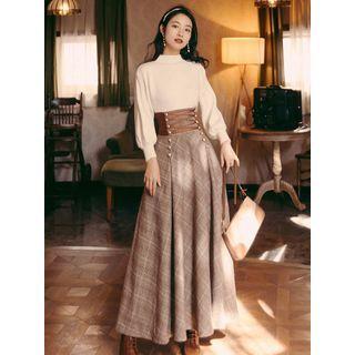 Sweater / Plaid Lace-up Midi A-line Skirt / Set