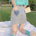 Heart Patch Washed Frayed Denim Mini A-line Skirt